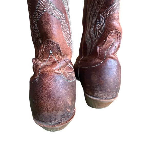 Justin SVL2002 Western Cowboy Boots Brown Leather Turquoise Stitch Women’s 9B