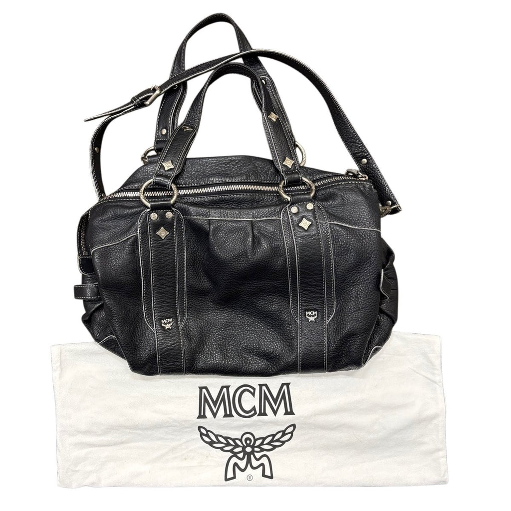 MCM Black Leather Studded Satchel Handbag with Crossbody Strap