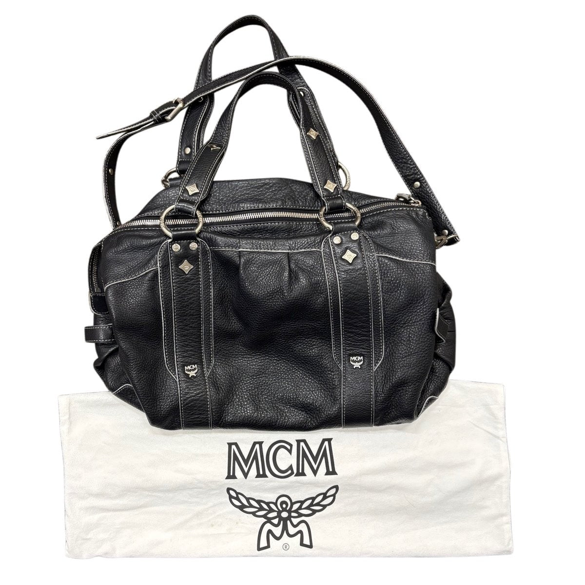 MCM Black Leather Studded Satchel Handbag with Crossbody Strap