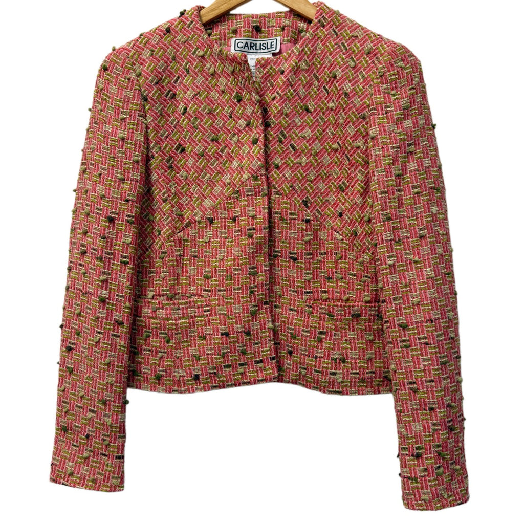 Carlisle Tweed Jacket Skirt Set Pink Green Bouclé Suit Size 2 Wool Blend
