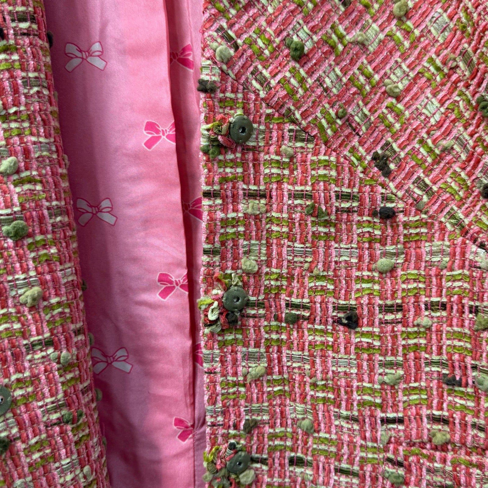 Carlisle Tweed Jacket Skirt Set Pink Green Bouclé Suit Size 2 Wool Blend