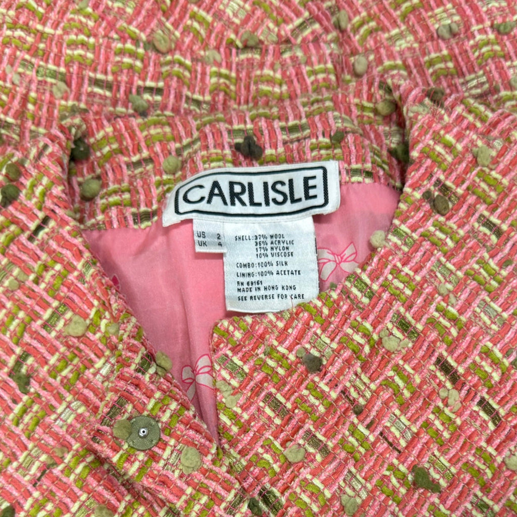 Carlisle Tweed Jacket Skirt Set Pink Green Bouclé Suit Size 2 Wool Blend