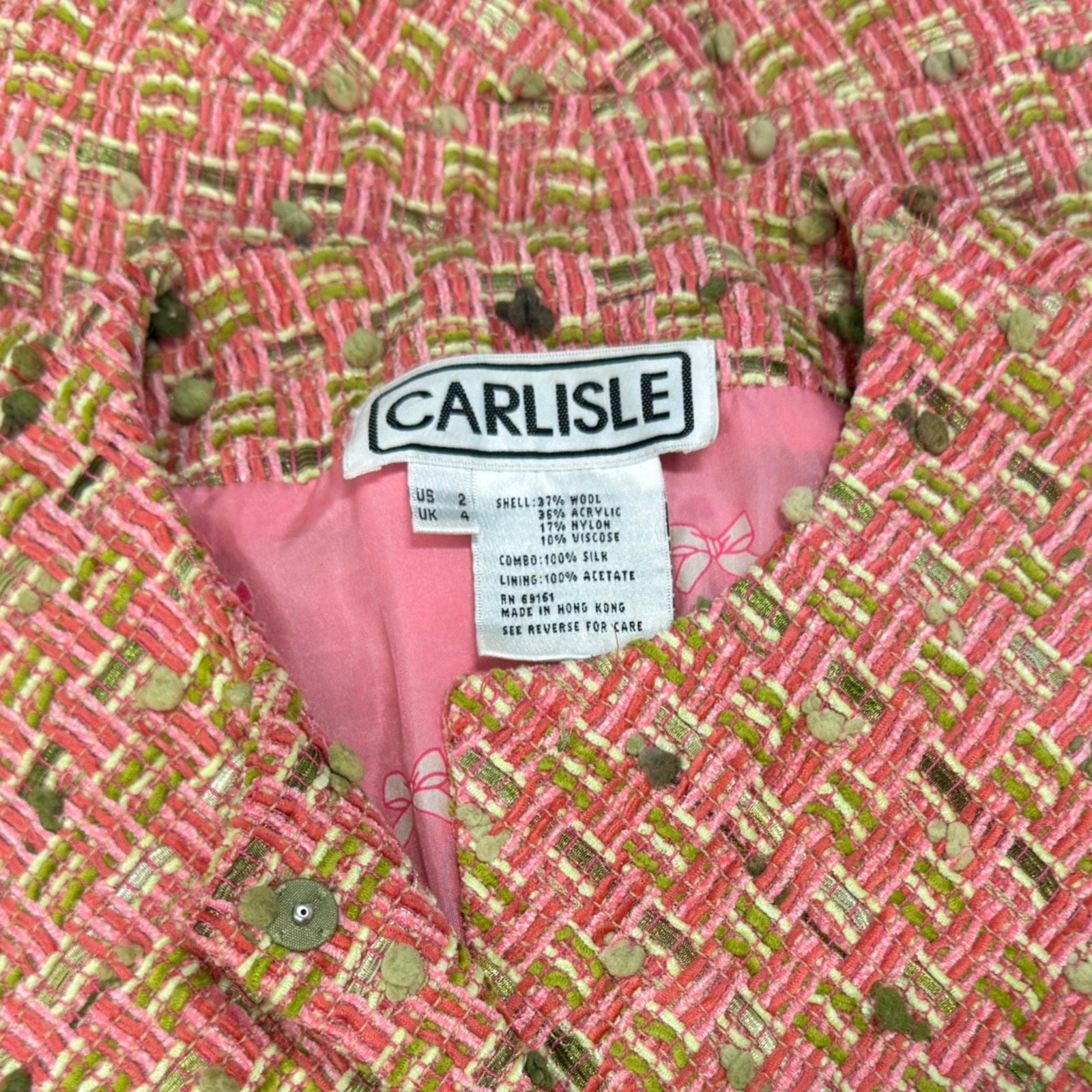 Carlisle Tweed Jacket Skirt Set Pink Green Bouclé Suit Size 2 Wool Blend