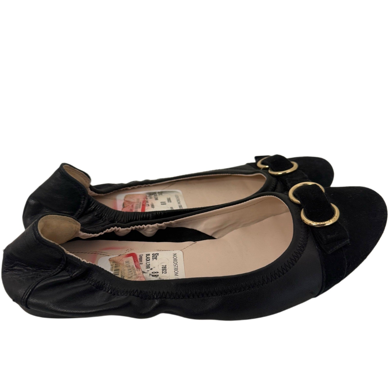 Cole Haan Black Leather Ballet Flats Gold Hardware Bow Detail Size 8B