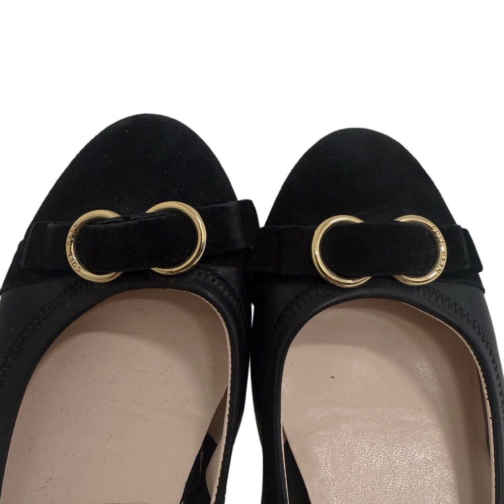 Cole Haan Black Leather Ballet Flats Gold Hardware Bow Detail Size 8B