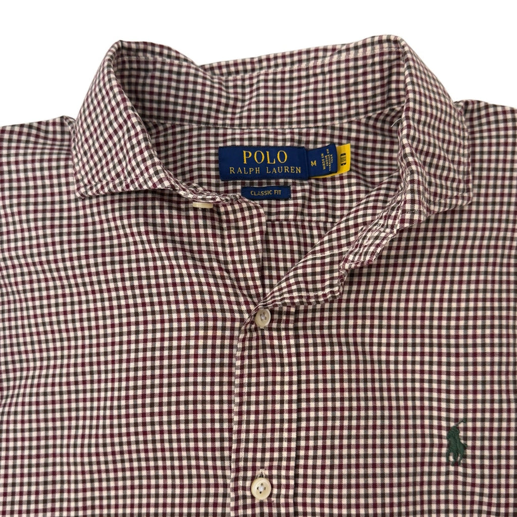 Men's checkered Polo By Ralph Lauren dress shirt in white and burgundy size M