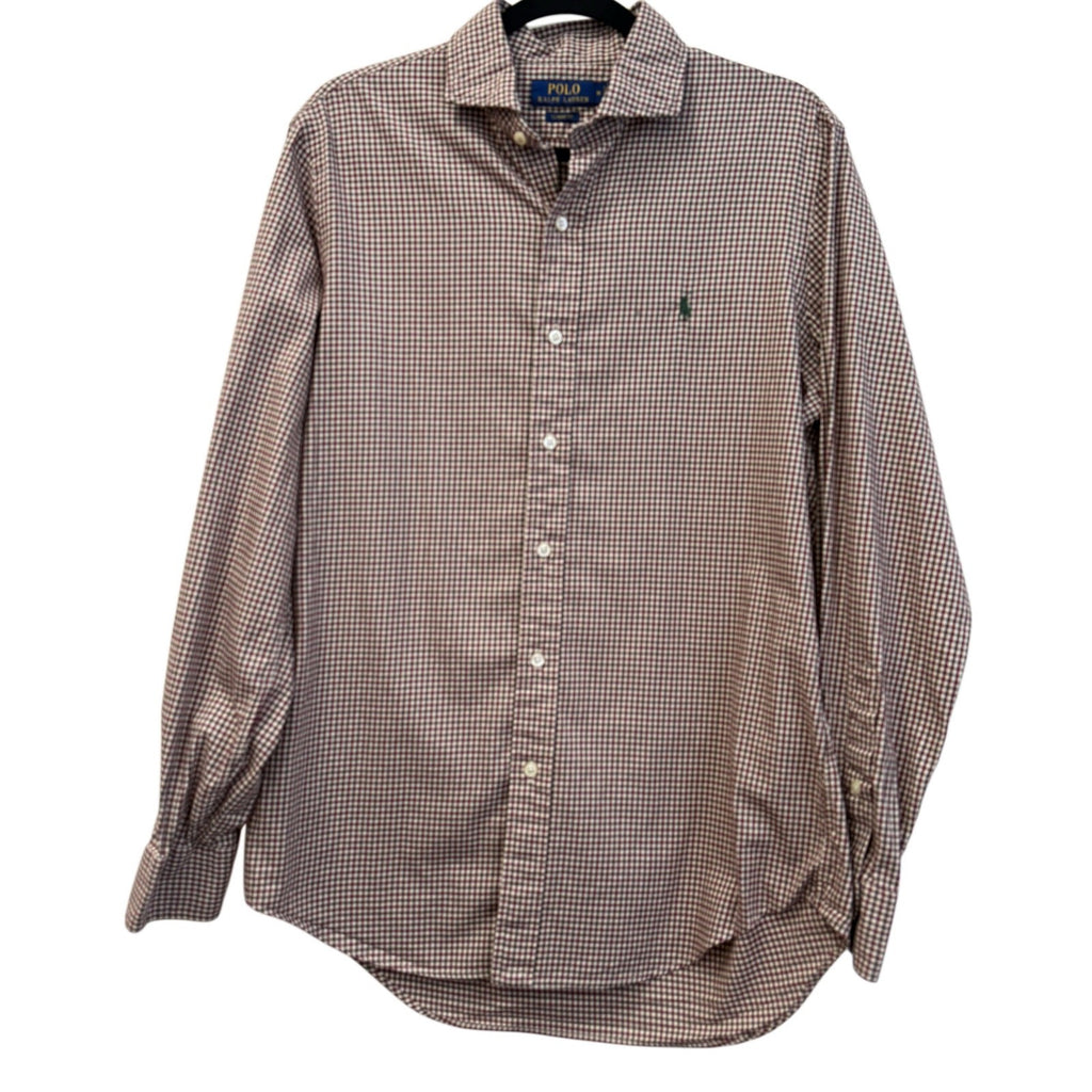 Men's checkered Polo By Ralph Lauren dress shirt in white and burgundy size M