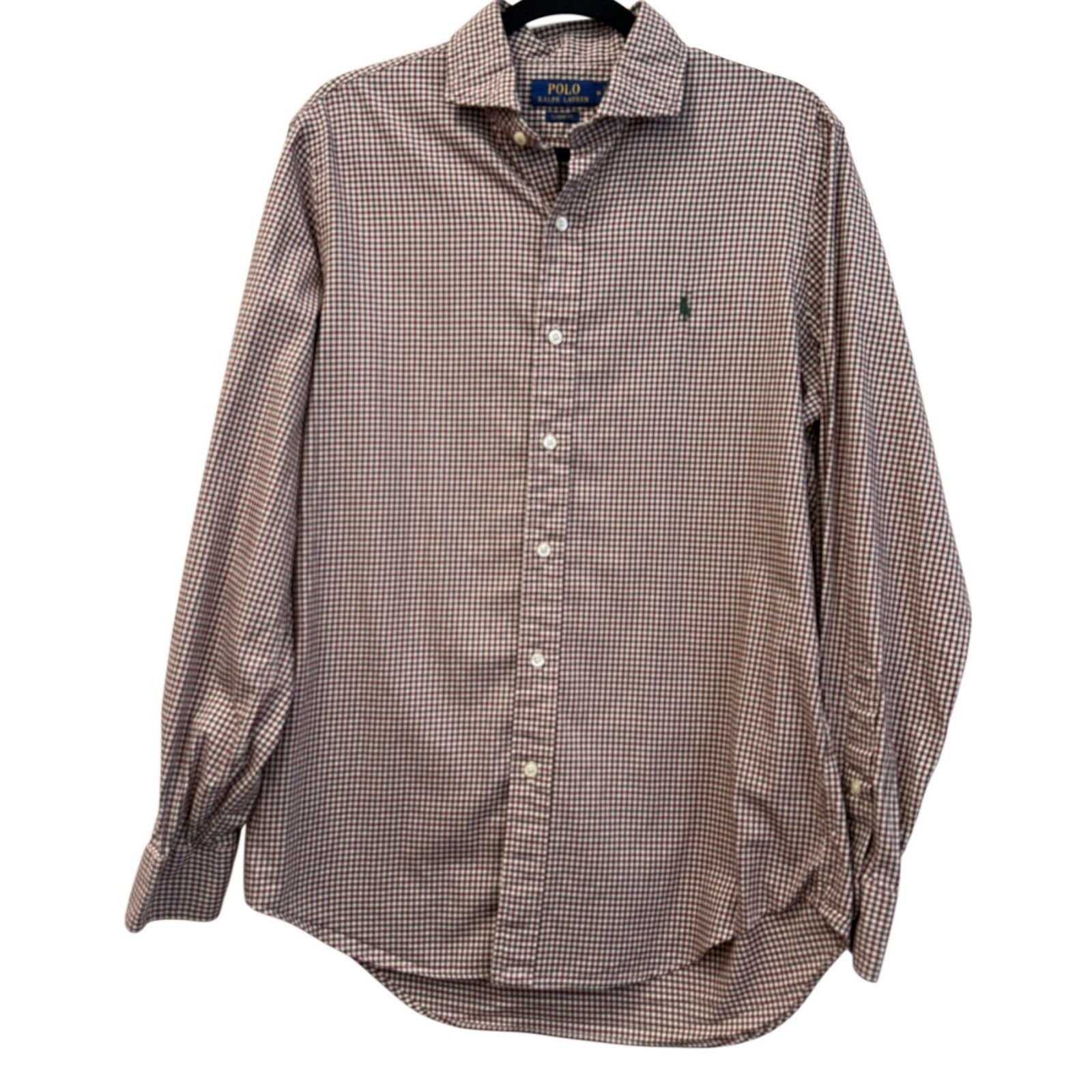 Men's checkered Polo By Ralph Lauren dress shirt in white and burgundy size M