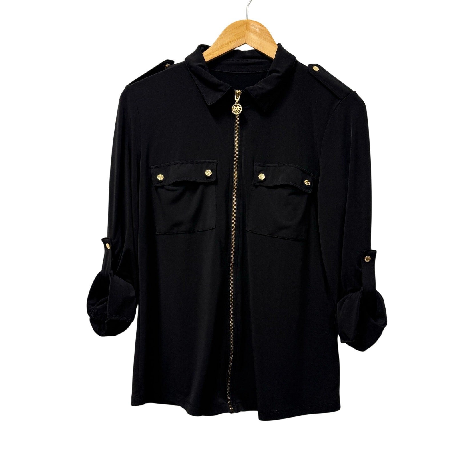 Ann Kline zippered woman's top in black with gold buttons