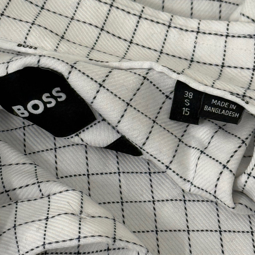 BOSS Hugo Boss Men’s Dress Shirt White Black Grid Check Slim Fit Size 38 S