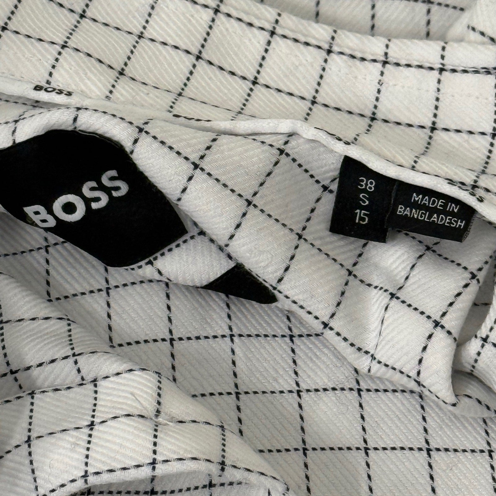 BOSS Hugo Boss Men’s Dress Shirt White Black Grid Check Slim Fit Size 38 S