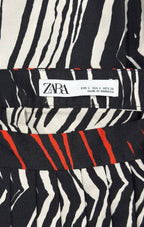 Zebra Print Pleated Midi Skirt Black White Red Size S
