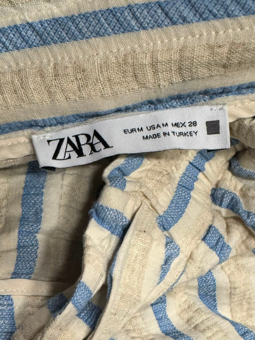 Zara Striped Cotton Linen Blend Pull-On Shorts Cream Blue