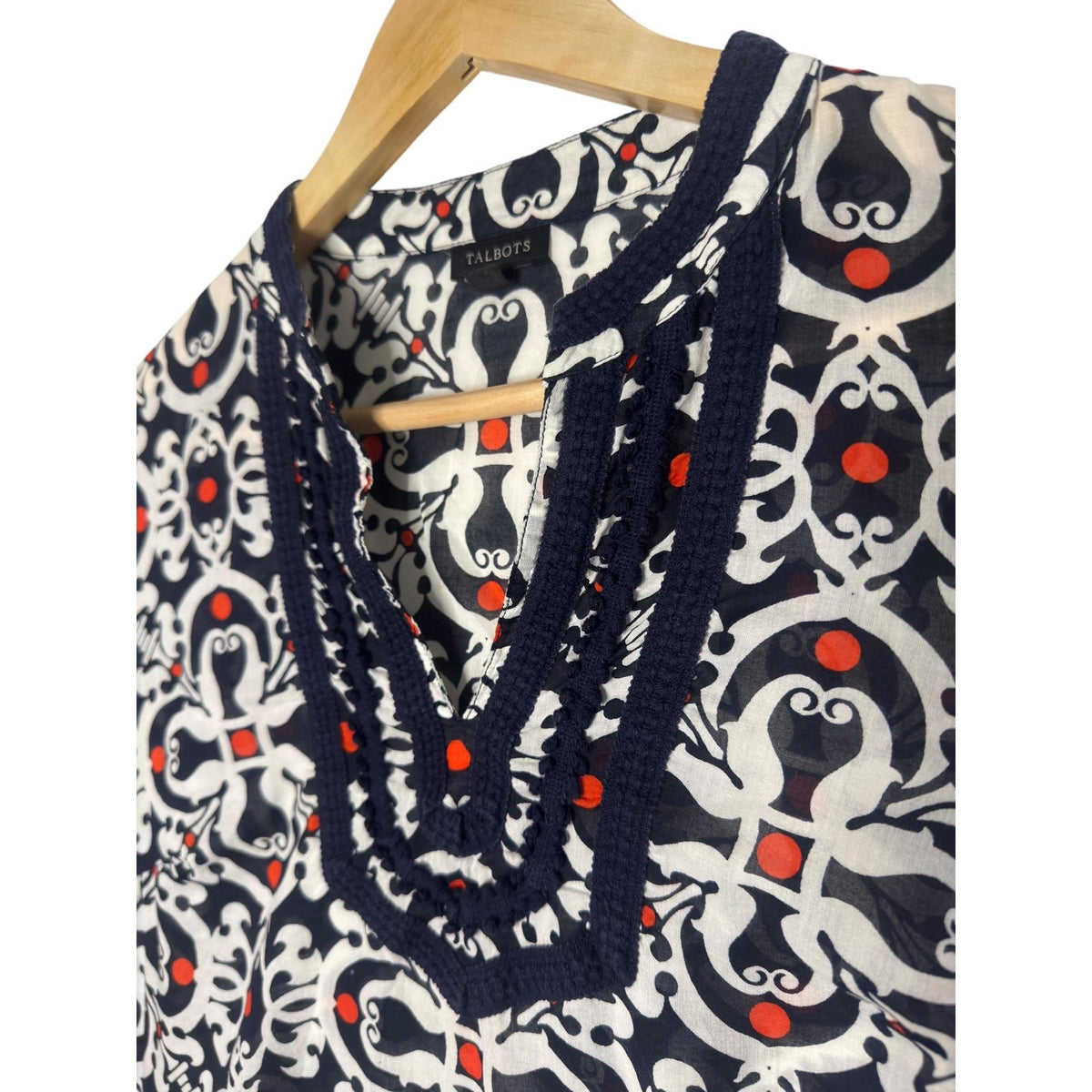 Talbots Medallion Print Long Sleeve Tunic Top Navy