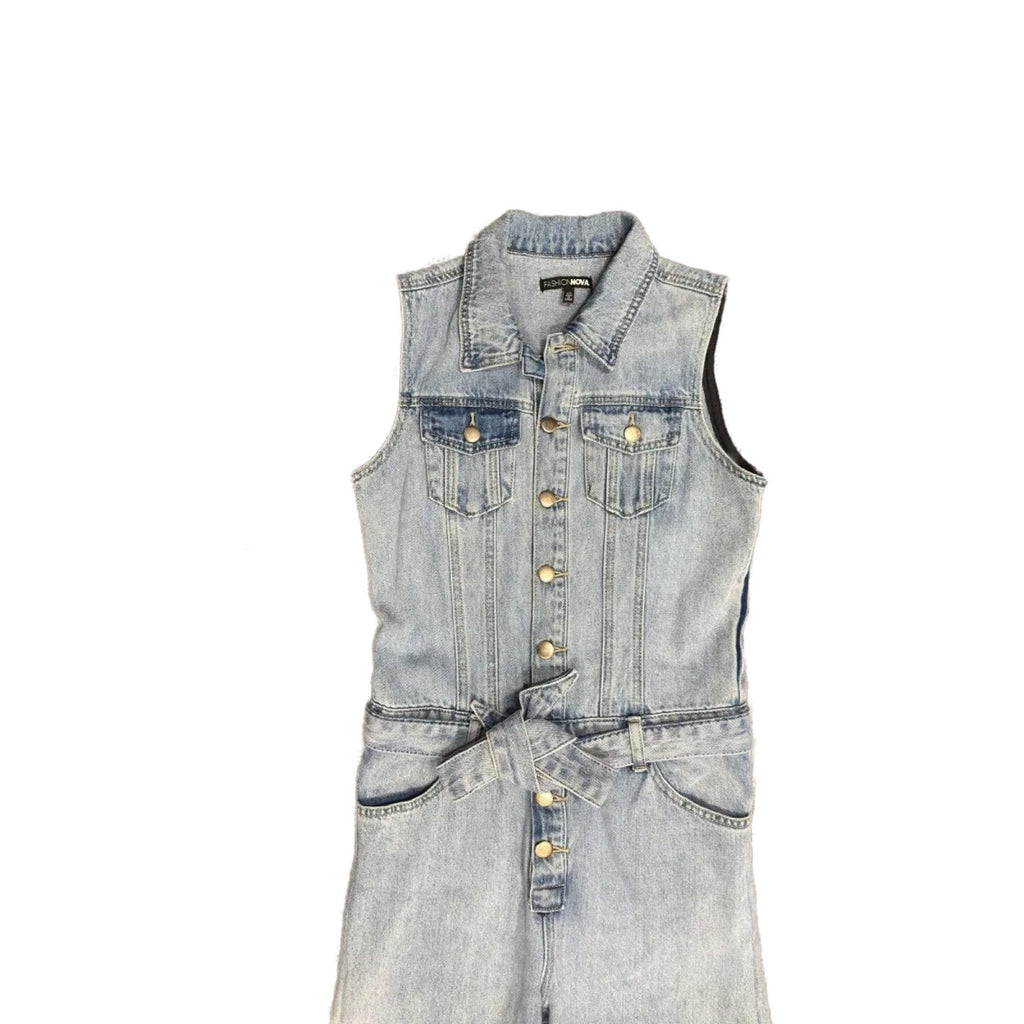 Fashion Nova Sleeveless Denim Jumpsuit Light Blue XS