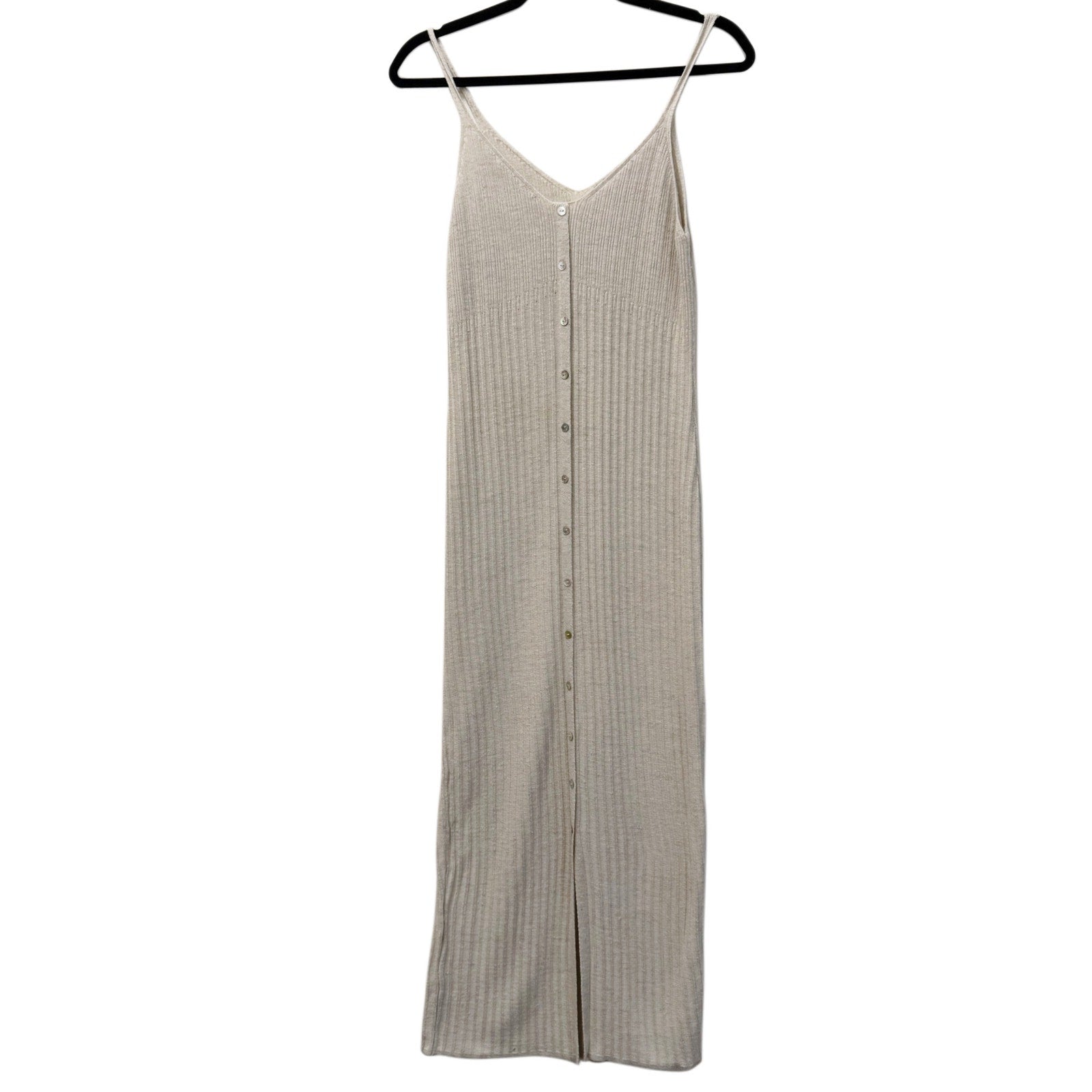 Mango Linen Blend Ribbed Knit Maxi Dress Beige Sleeveless Button Front XS