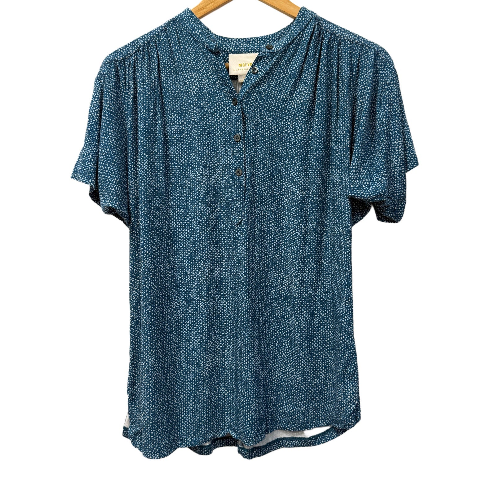 Maeve Anthropologie Blue Print Blouse Size Small Viscose Short Sleeve Boho Top
