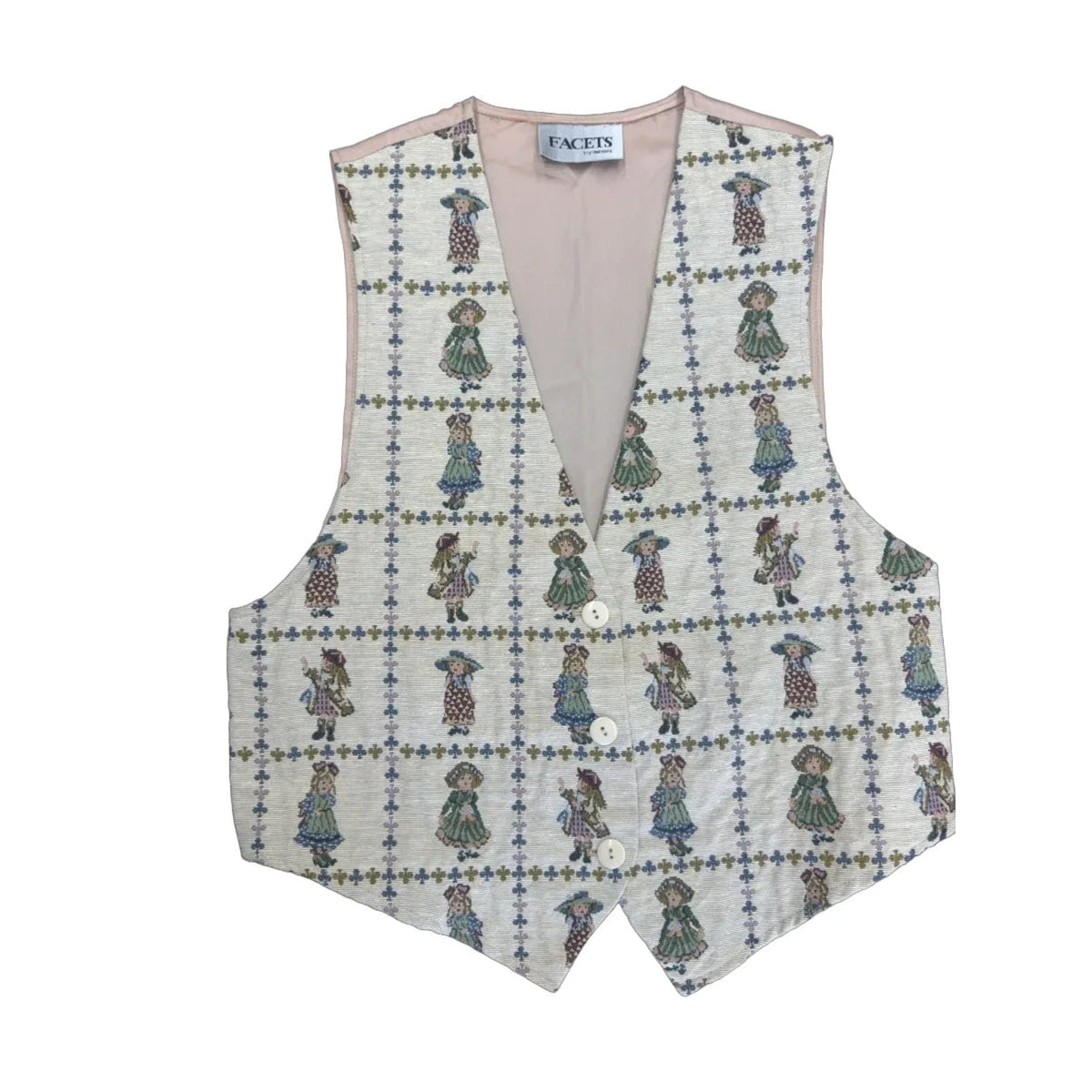 Facets by Mirrors Victorian Doll Print Tapestry Vest