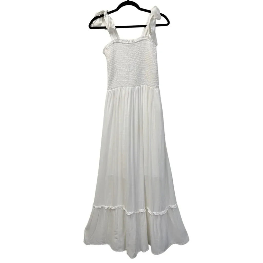 Zesica Smocked Bodice Tie-Shoulder Maxi Dress White
