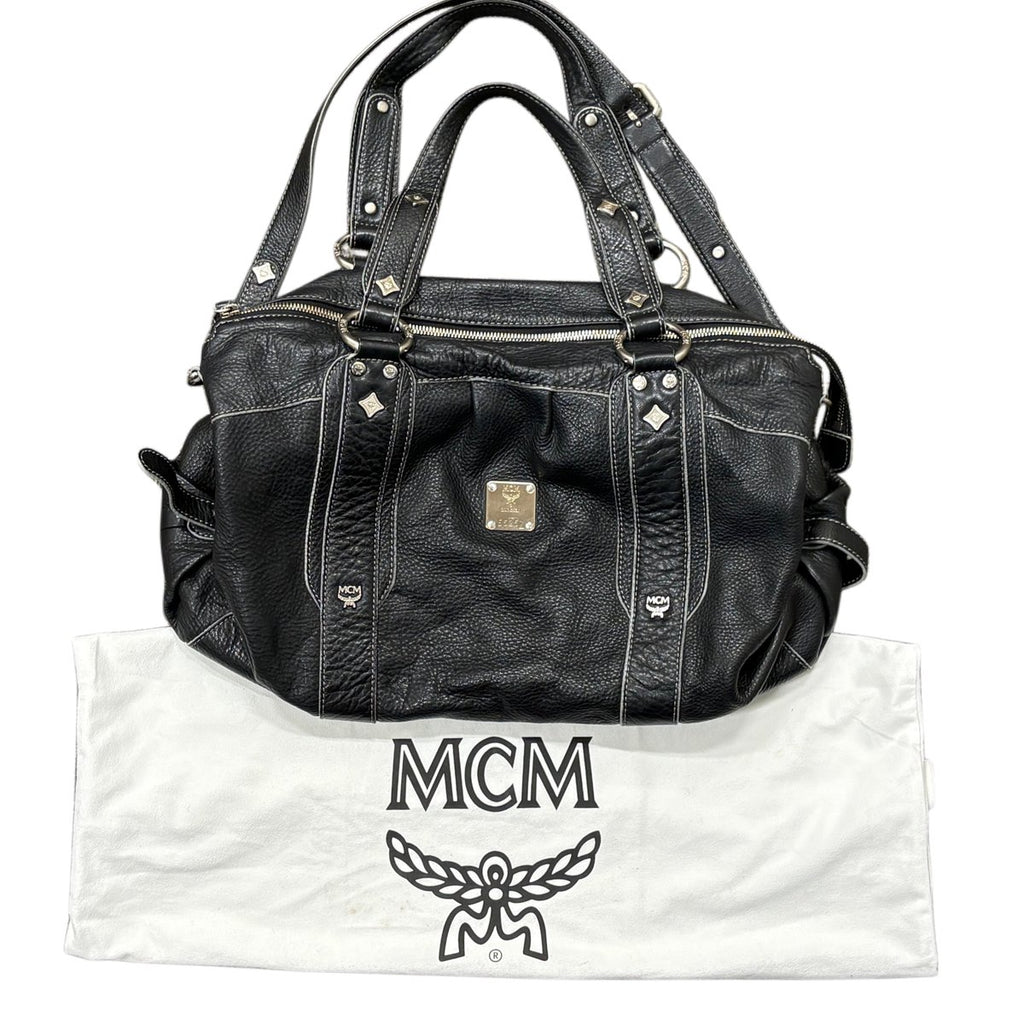 MCM Black Leather Studded Satchel Handbag with Crossbody Strap
