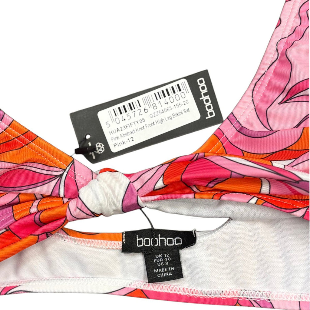 Boohoo Pink Abstract Knot Front High Leg Bikini Set