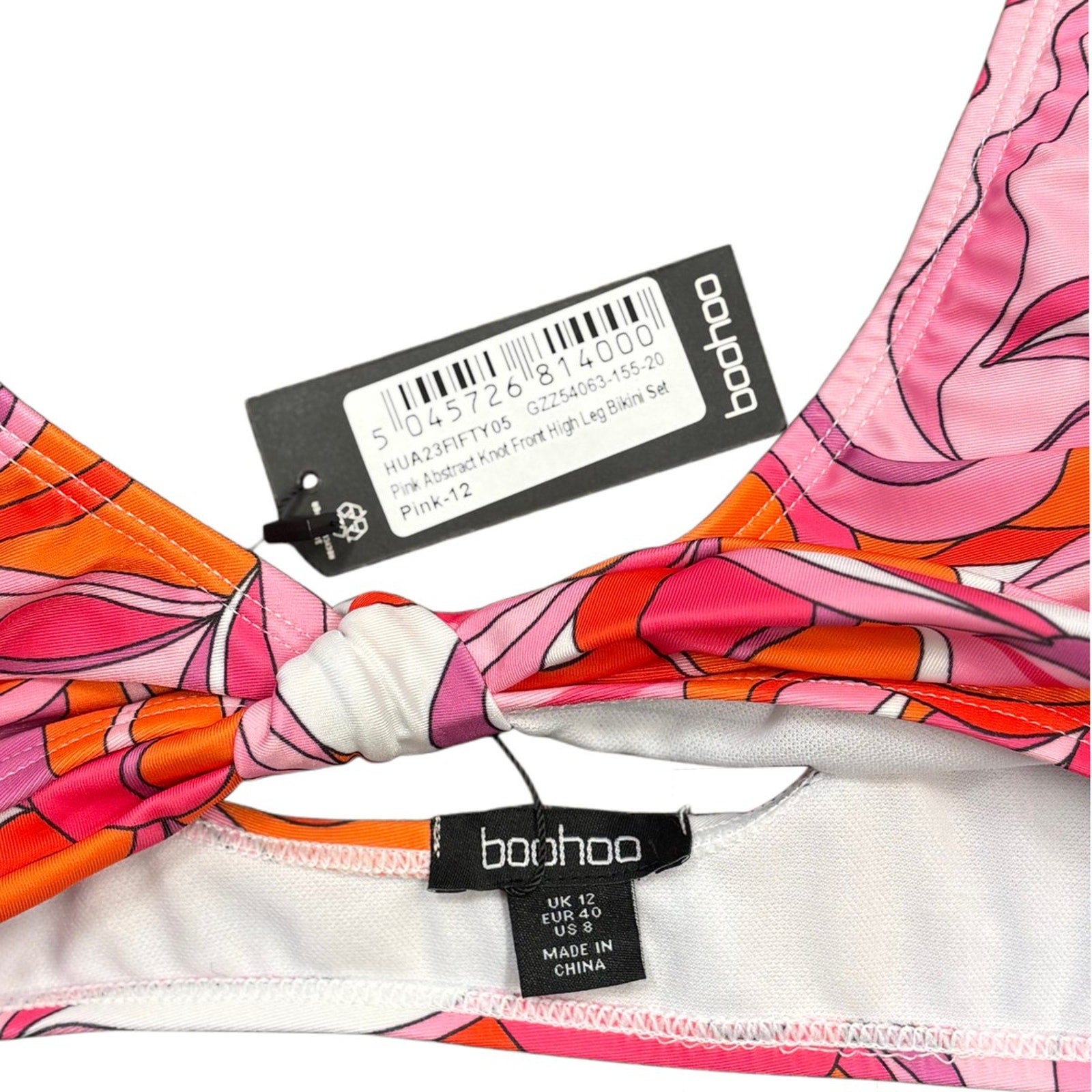 Boohoo Pink Abstract Knot Front High Leg Bikini Set