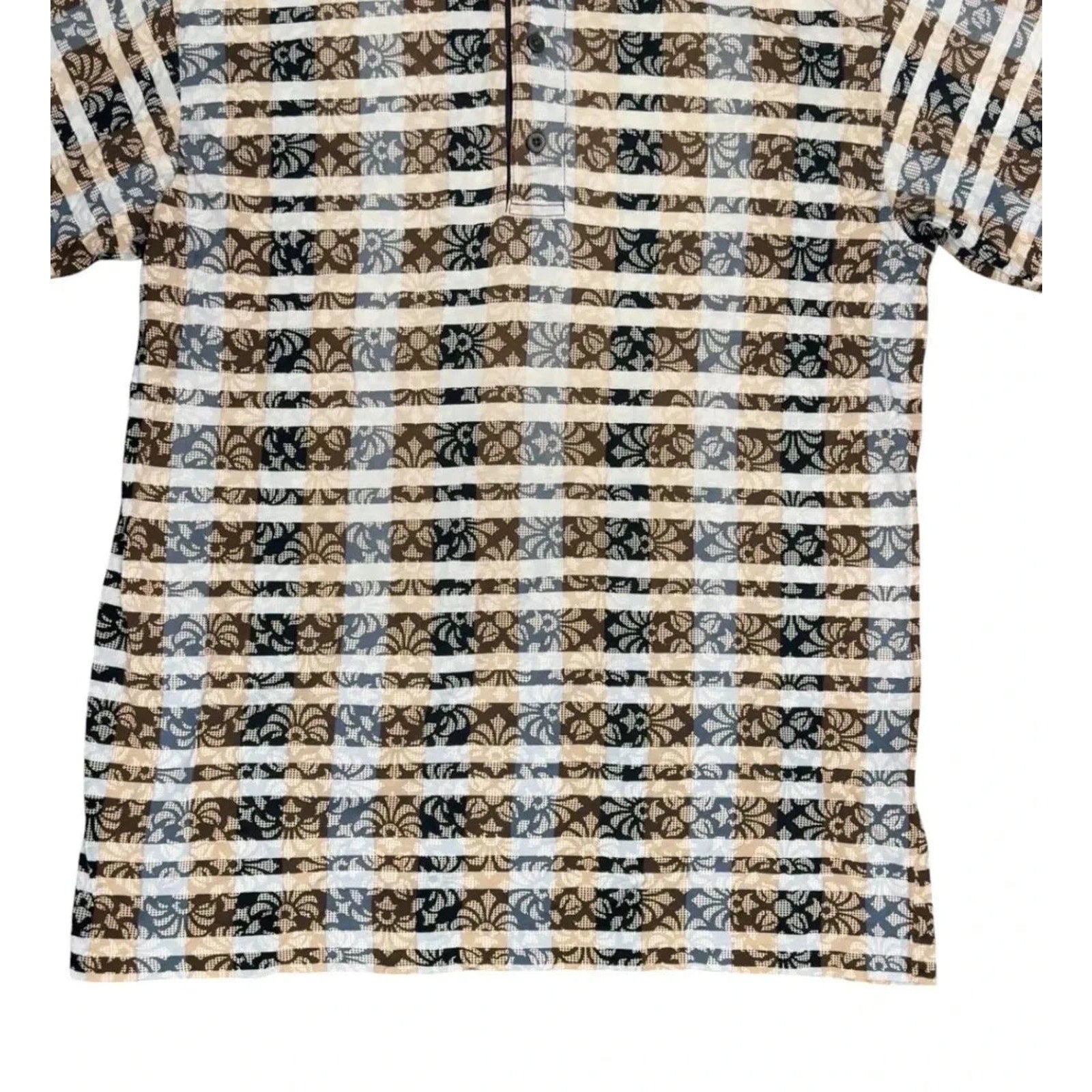 Floral Stripe Patterned Short Sleeve Polo Shirt Brown
