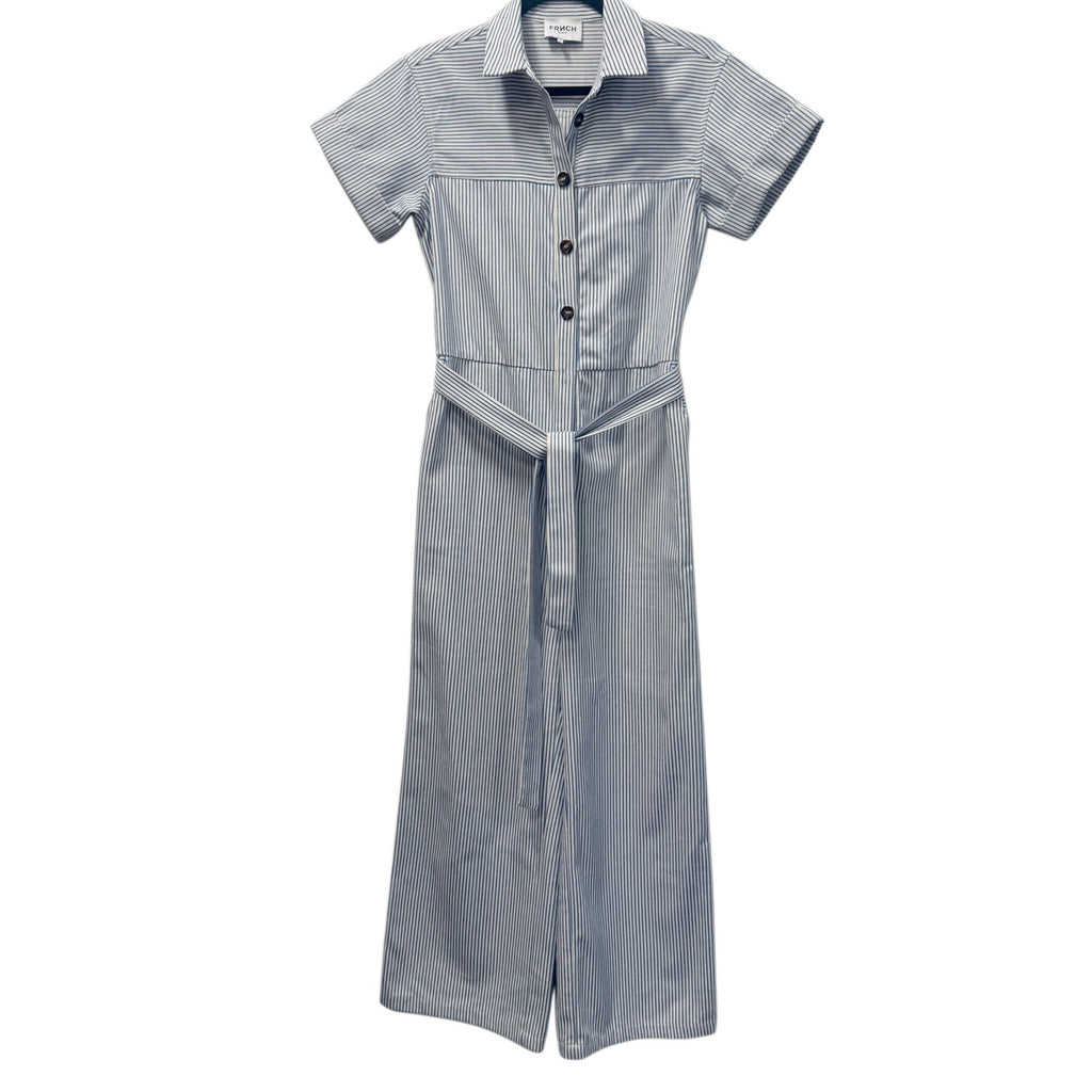 French Paris Striped Wide Leg Jumpsuit Belted Blue White Size S