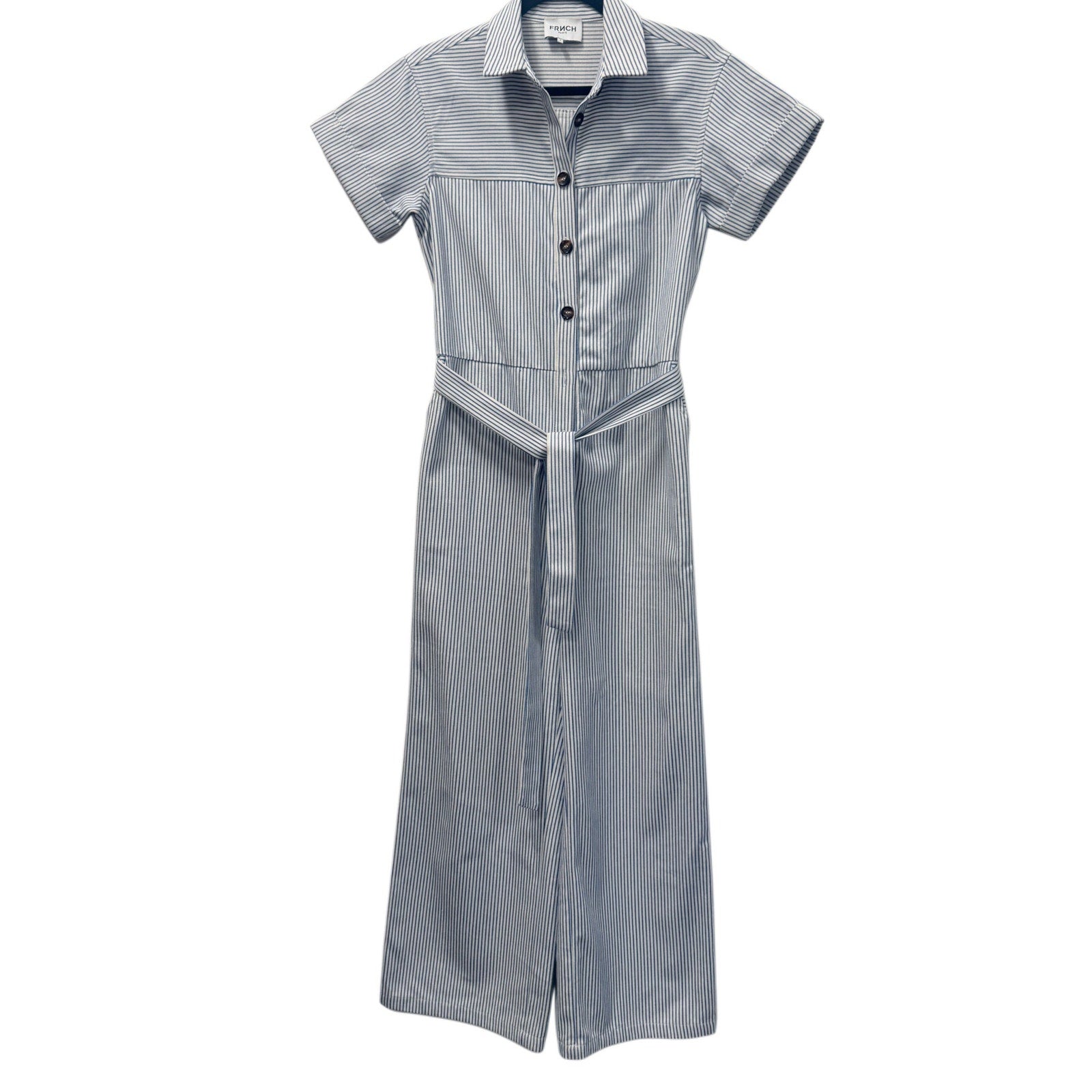 French Paris Striped Wide Leg Jumpsuit Belted Blue White Size S