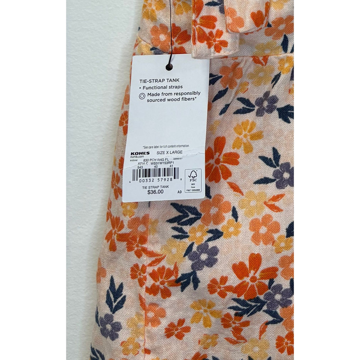 Sonoma Floral Tie-Strap Tank Top Peach Multi XL