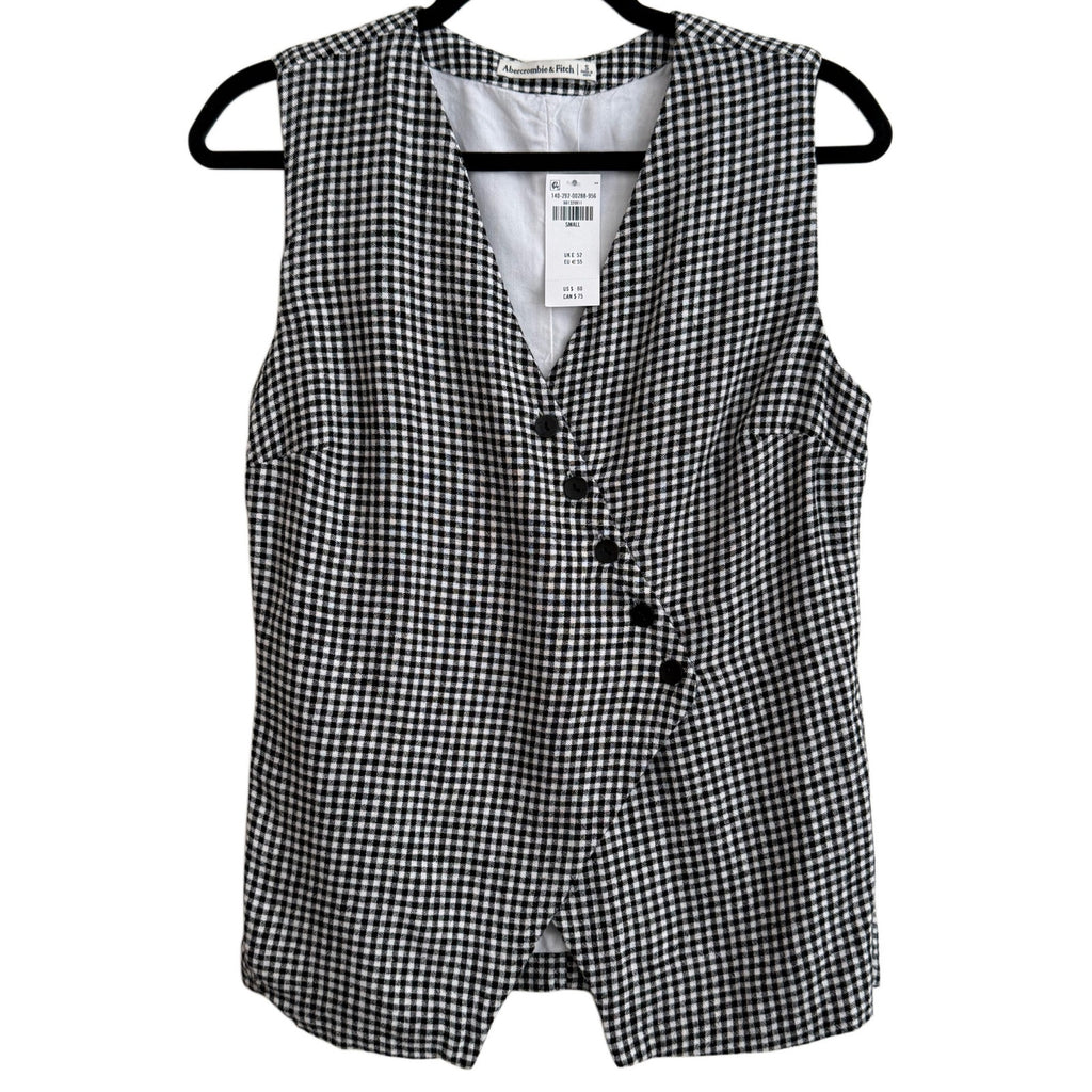 NWT Abercrombie & Fitch Black White Gingham Linen Blend Sleeveless Vest Blouse S