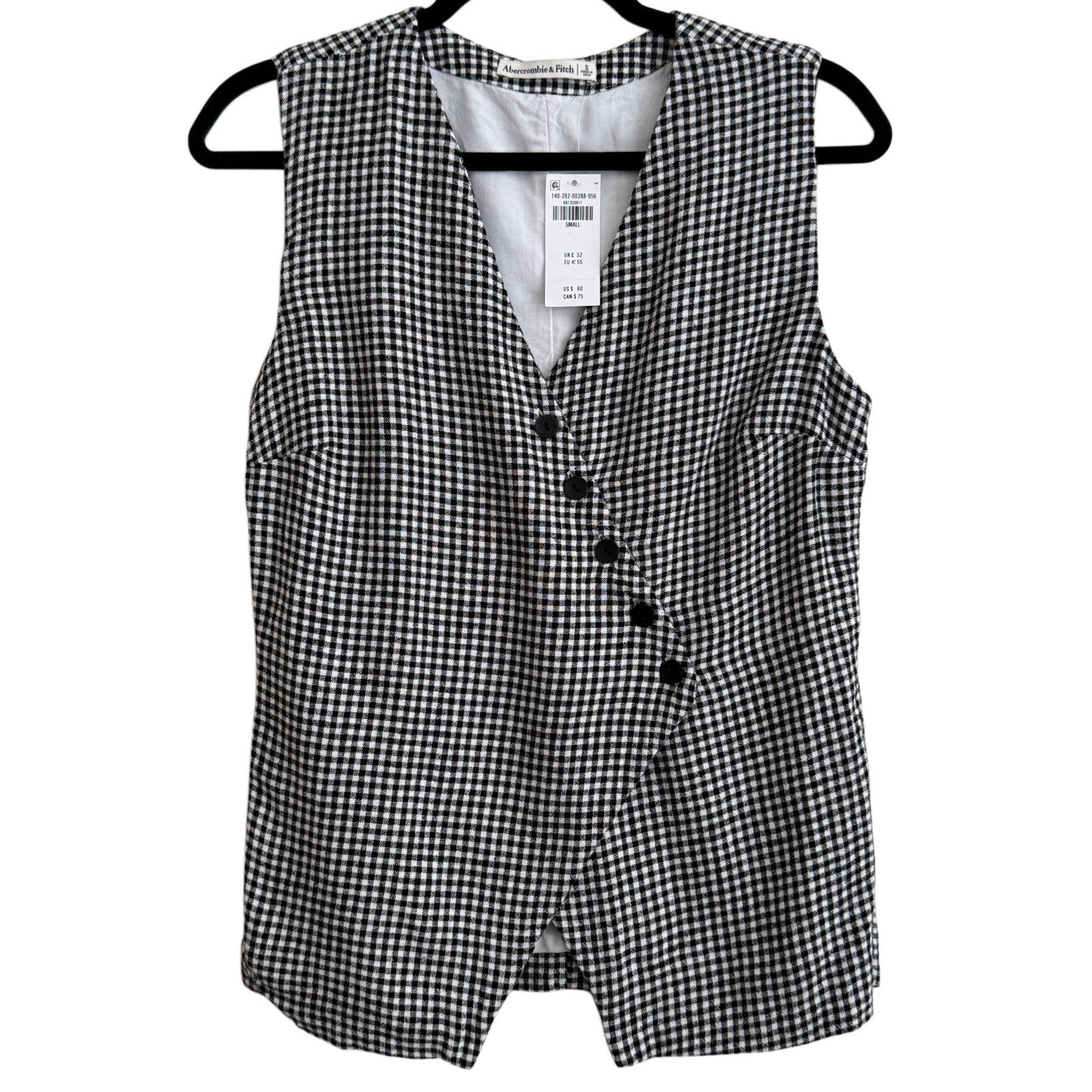 NWT Abercrombie & Fitch Black White Gingham Linen Blend Sleeveless Vest Blouse S