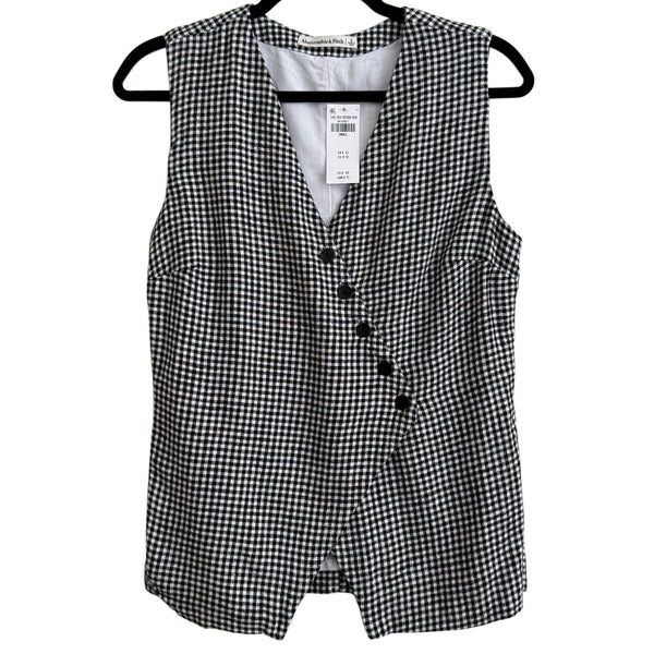 NWT Abercrombie & Fitch Black White Gingham Linen Blend Sleeveless Vest Blouse S