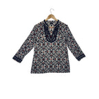 Talbots Medallion Print Long Sleeve Tunic Top Navy