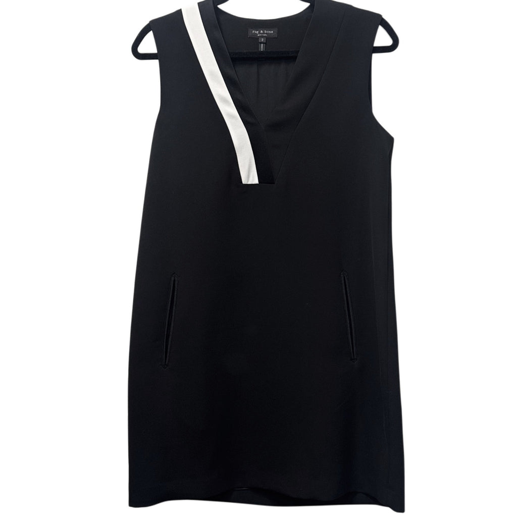 rag & bone Black Sleeveless Shift Dress Contrast White V-Neck Pockets Size 2