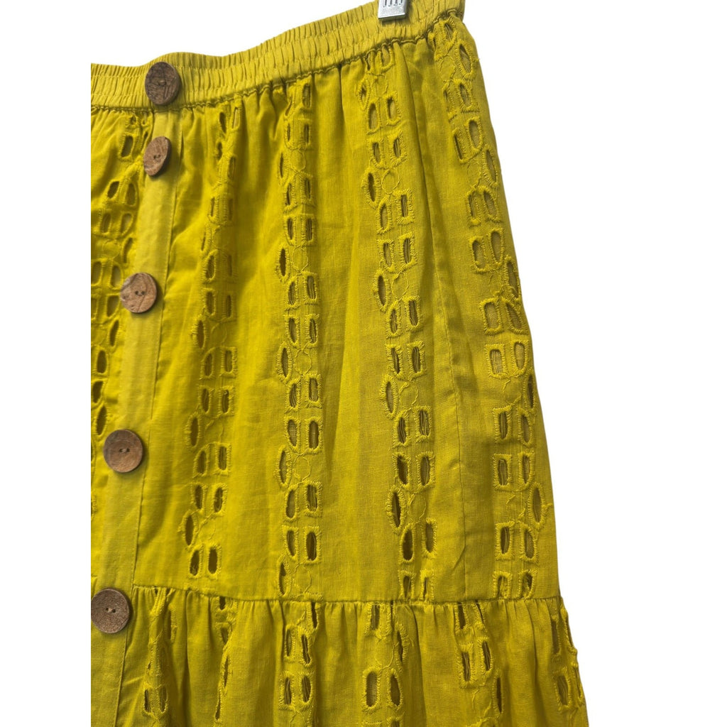 Mustard Yellow Eyelet Tiered Midi Skirt Boho