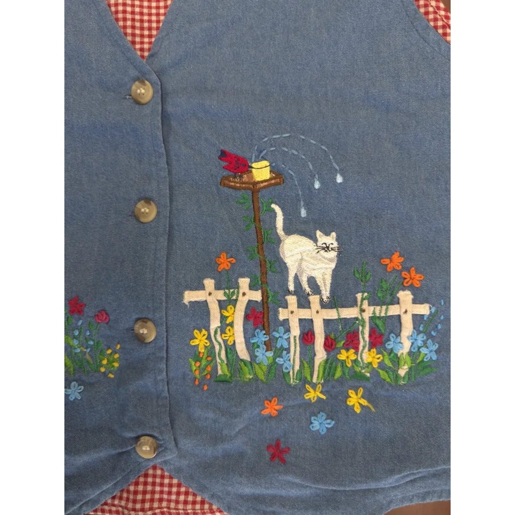 Casual Corner Denim Gingham Embroidered Garden Vest