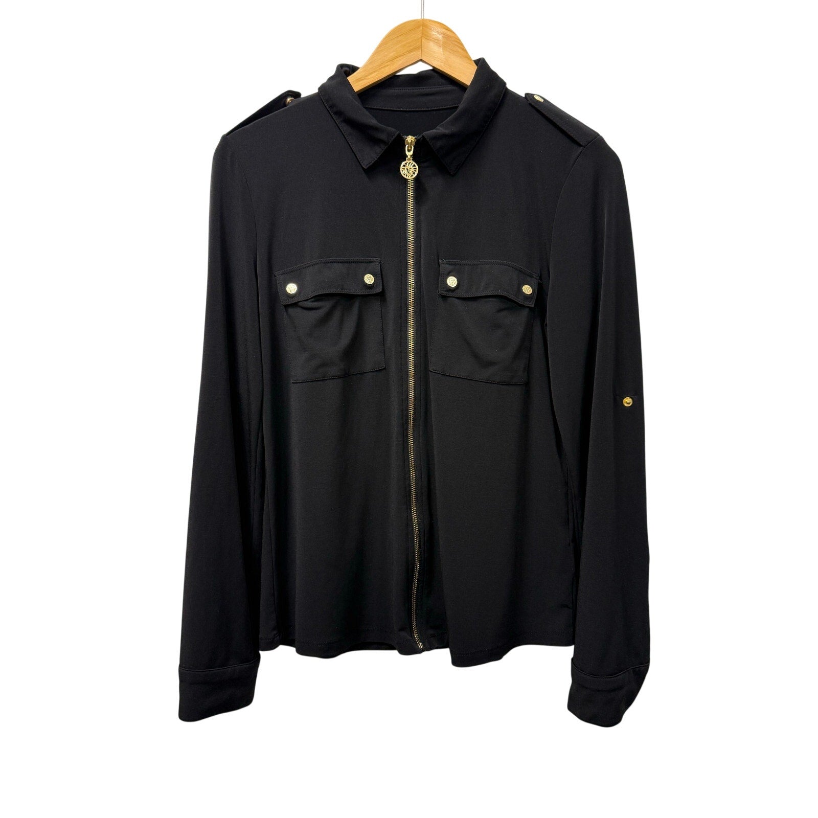Ann Kline zippered woman's top in black with gold buttons