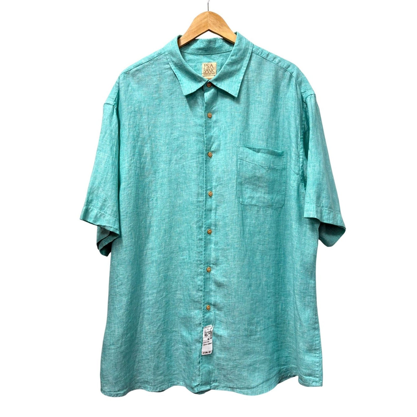 Jos. A. Bank 100% Linen Short-Sleeve Button-Up Shirt Teal