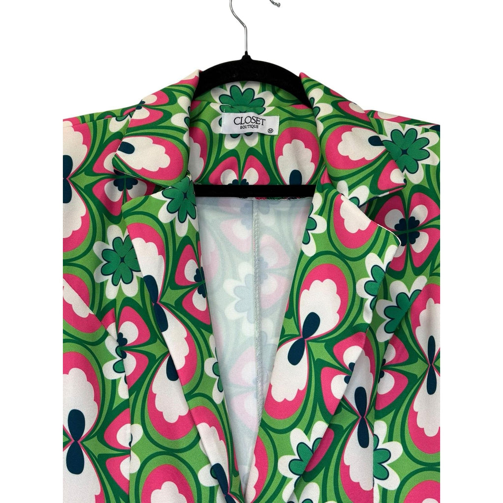 Closet Boutique Retro Floral Print Single-Button Blazer Green