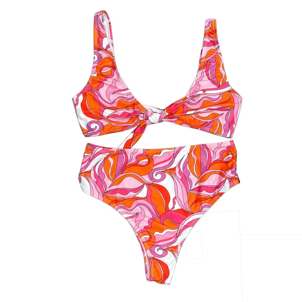 Boohoo Pink Abstract Knot Front High Leg Bikini Set