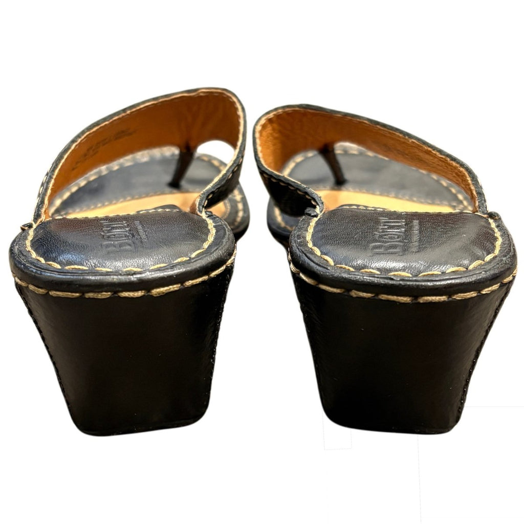 Born Black Leather Thong Wedge Sandals Size 6