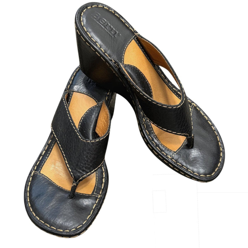 Born Black Leather Thong Wedge Sandals Size 6