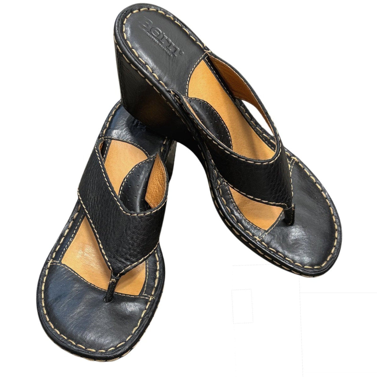 Born Black Leather Thong Wedge Sandals Size 6