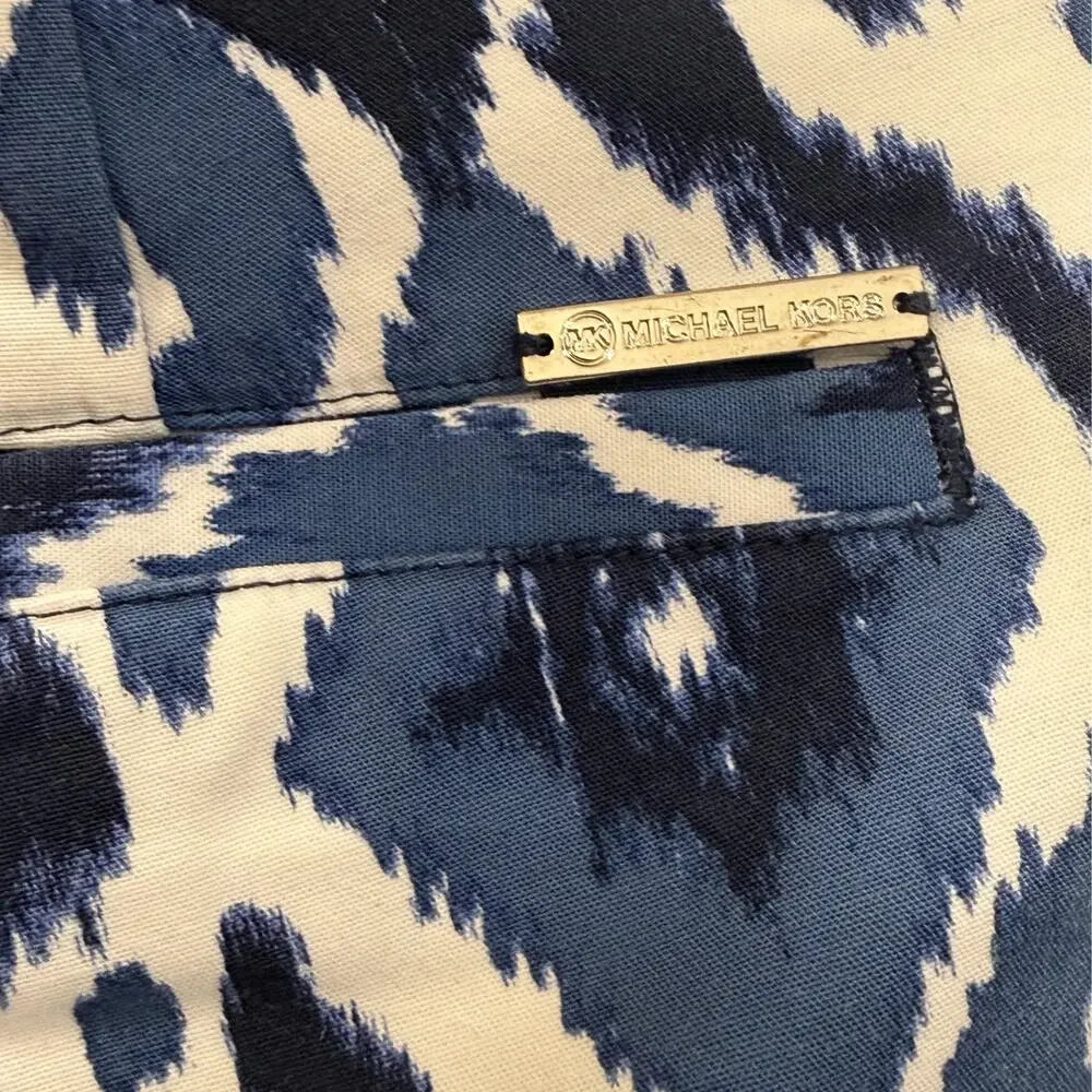 Michael Kors Blue Ikat Print Skinny Pants Size 4 Stretch Cotton Blend Ankle Pants