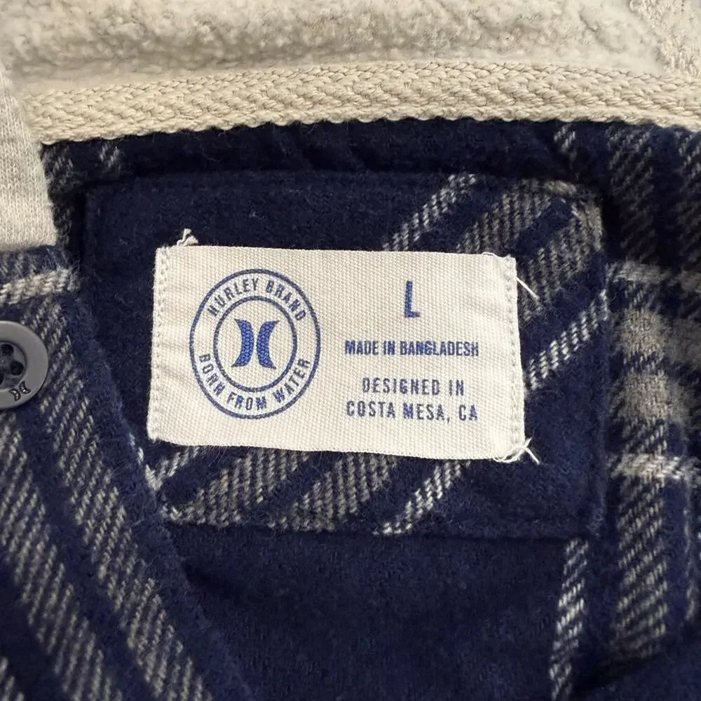 Hurley brand born from water checkered blue grey flannel hoodie for Men in size L