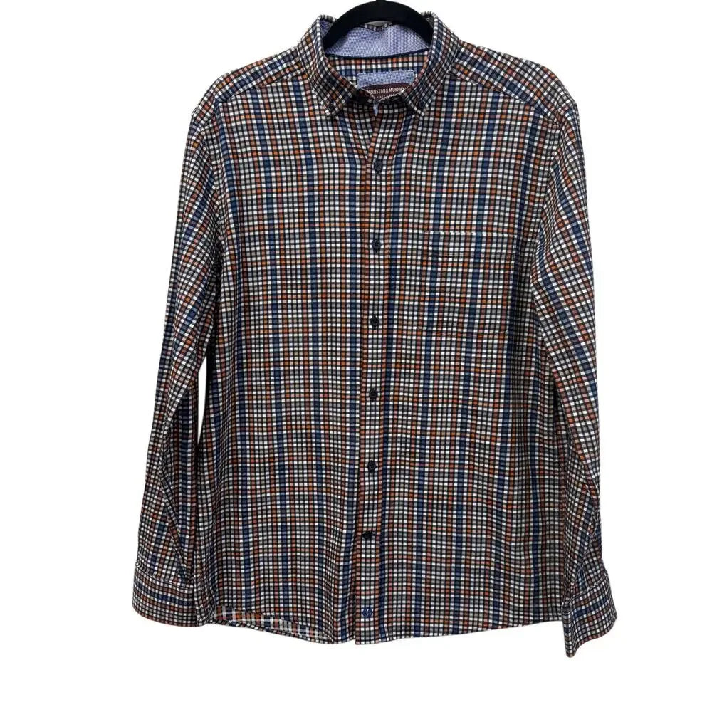 JOHNSTON & MURPHY CHECKERED ORANGE,BLUE,WHITE MEN'S SHIRT SIZE M