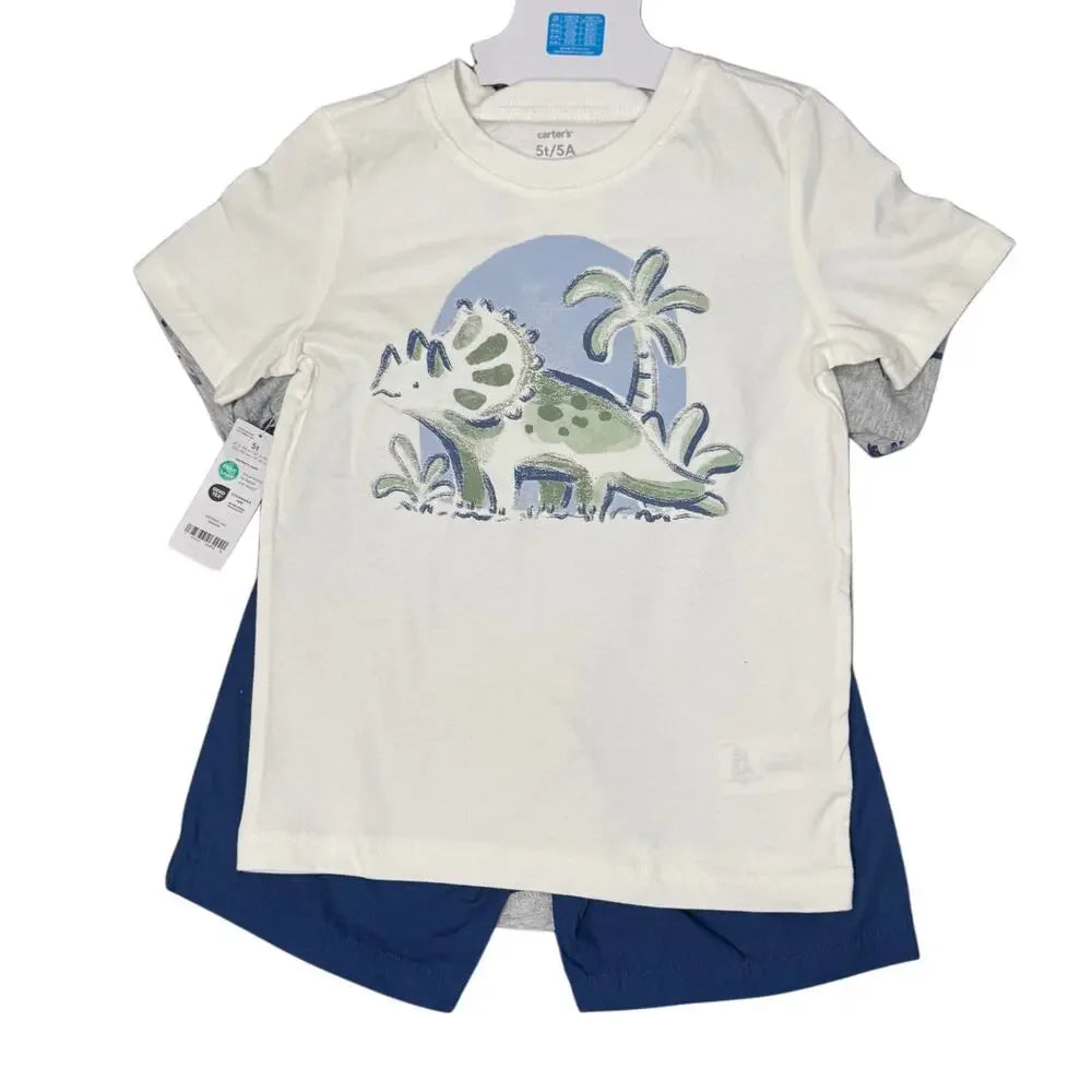 CARTER'S 5T SHORTS AND T-SHIRT SET BLUE & WHITE DINOSAUR PRINT