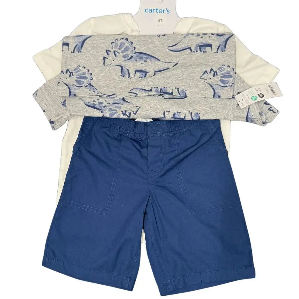 CARTER'S 5T SHORTS AND T-SHIRT SET BLUE & WHITE DINOSAUR PRINT