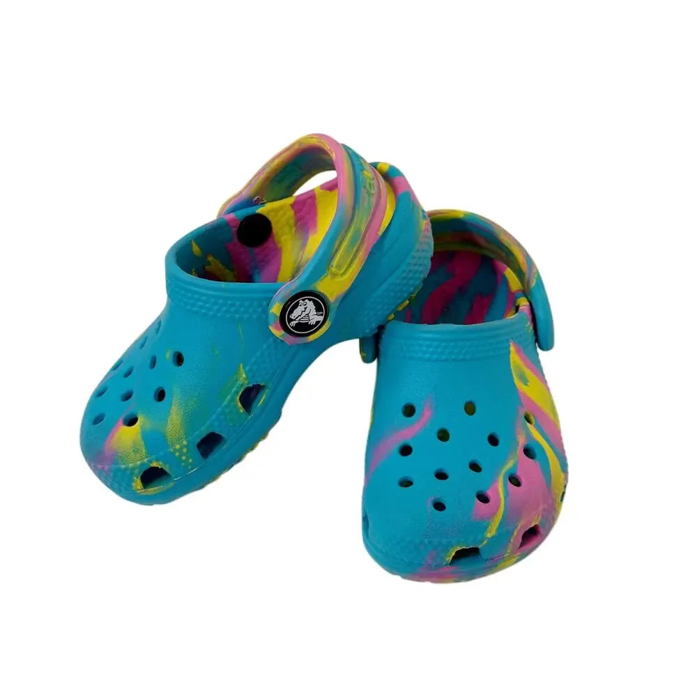 Crocs Classic Tie-Dye Clogs Toddler Size 6 Blue Pink Yellow Swirl Slip-On Shoes